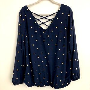 Torrid navy and gold polka dot blouse